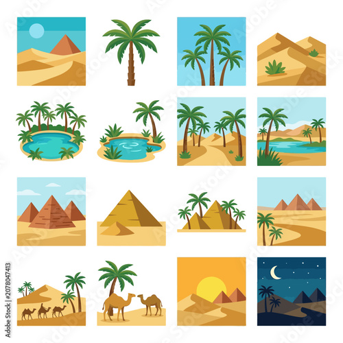 Egyptian desert landscape with pyramids and palm trees.