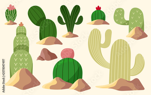 Desert Cactus Landscape Collection with Rocks and Sand Dunes Set