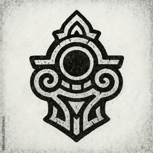 Emblem Symbol With Ornamental Swirls and Circular Crest, Grunge Monochrome Design