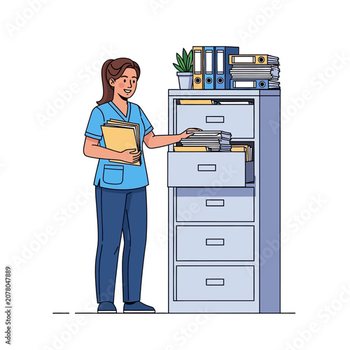 Female professional organizing documents in office filing cabinet.