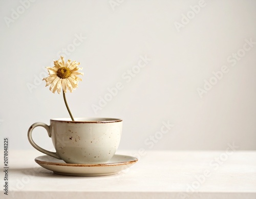 Serene Botanical Tea Cup: A delicate dried flower sits elegantly inside a rustic ceramic tea cup, evoking a sense of calm, quiet introspection and timeless natural beauty in a minimalist setting