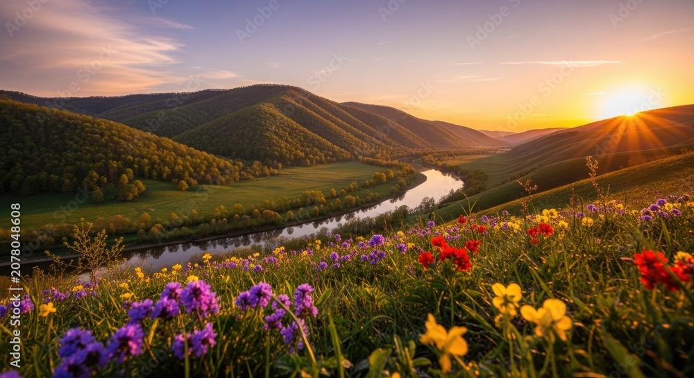 Fototapeta premium Scenic Sunset Over Winding River and Wildflower Meadow