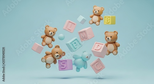 Floating Teddy Bears and Alphabet Blocks 3D Illustration