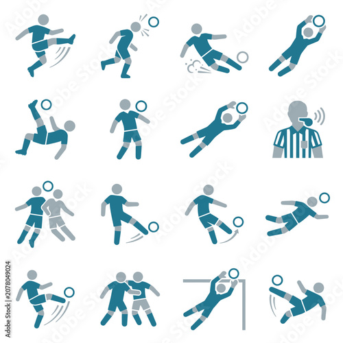 Flat Design Soccer Player Icons in Various Poses.