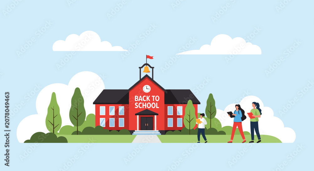 Fototapeta Students walk towards a red school building with a clock and a bell tower on a sunny day with green trees and white clouds.