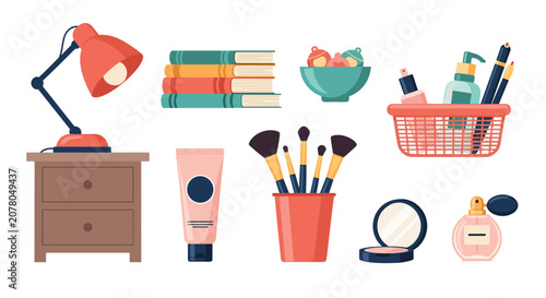 Collection of bedroom and vanity items including a desk lamp, books, makeup brushes, and perfume bottles in flat design style.