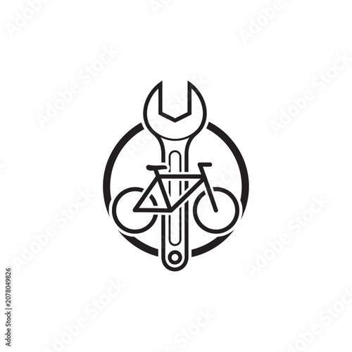 Minimalist bicycle repair icon with wrench tool in circular outline
