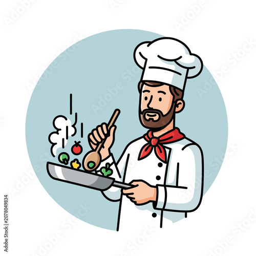 Male chef cooking vegetables in pan cartoon illustration