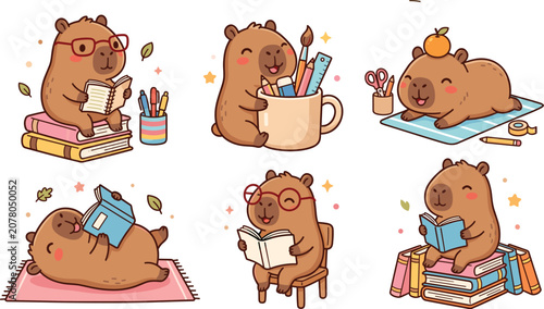 Photos Cute capybara character sticker pack featuring funny cartoon animals reading boo