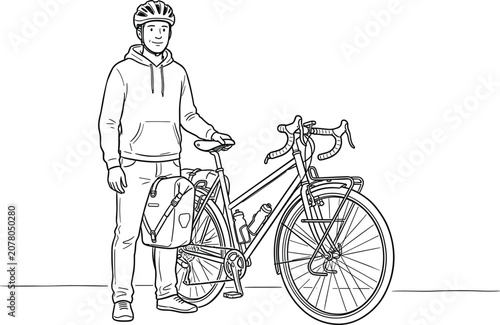 Foto Male cyclist standing near touring bicycle having pannier bags for outdoor trave