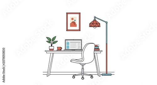 Minimalist home office workspace with computer desk plant and modern lighting