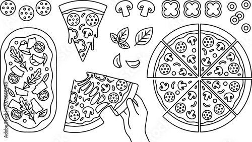 Black and white outline pizza doodles collection with pepperoni mushrooms cheese toppings for pizzeria marketing fast food packaging coloring page element