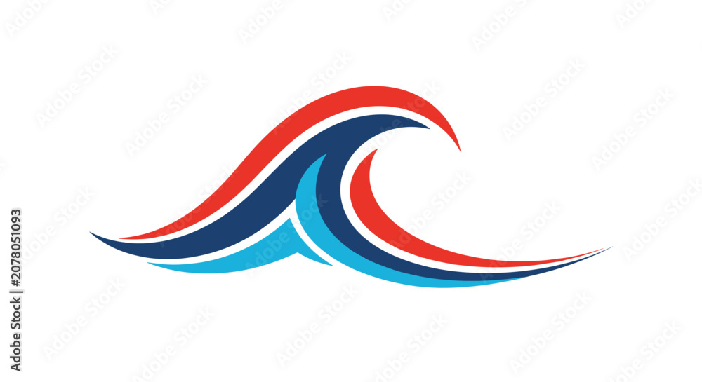 Obraz premium Dynamic ocean wave graphic icon designed with sweeping curves in shades of red, dark blue, and light blue on a plain background.