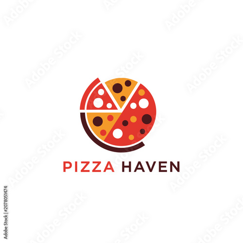Minimalist pizza slice logo design with tomato toppings and cheese