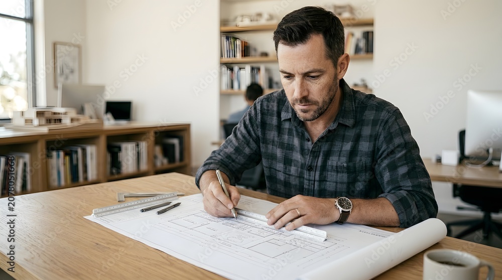 Fototapeta premium Focused man meticulously drawing detailed architectural design plans at his studio desk, useful for professional project development.