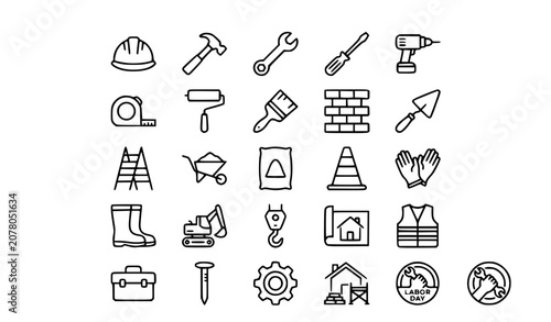 Bild auf Leinwand Editable Construction Worker and Industrial Labor Thin Line Icon Collection for