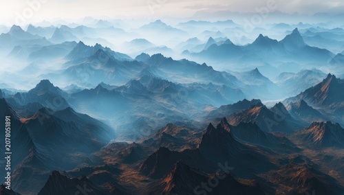 Misty sunset over mountain valleys