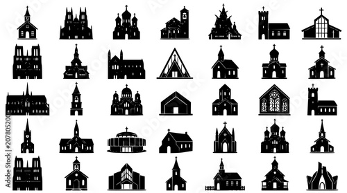 Quadro su tela Church Silhouette Icon Collection with Christian Worship Buildings Black Vector