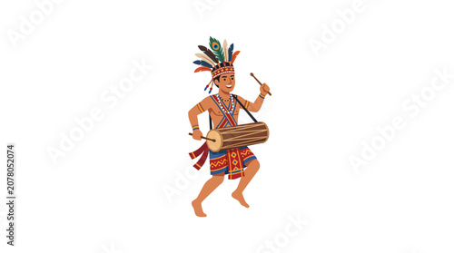 Obraz na płótnie Indigenous Man Dancing and Drumming in Traditional Costume with Feather Headdres