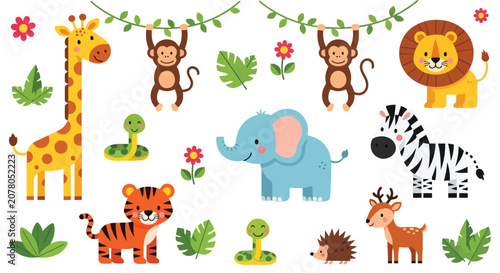 Photography Colorful cartoon animals in a festive jungle celebration with decorative leaves and flowers