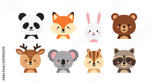 Cute Cartoon Animal Faces Collection on White Background.