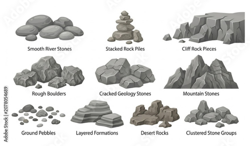 Tableau sur toile Modern Cartoon Stone and Rock Formation Set Natural Terrain Elements Vector Illu