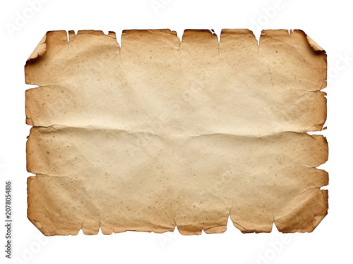 Old vintage paper scroll with torn edges on white background