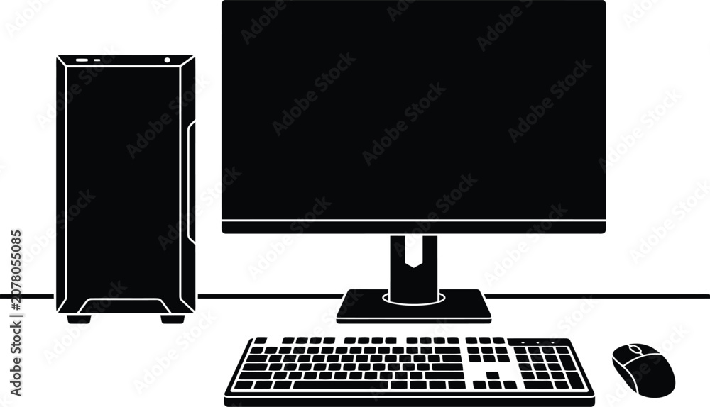 Fototapeta premium Computer setup silhouette against a white background