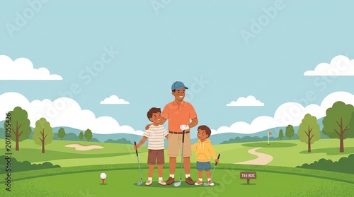Flat Vector Illustration of Parent and Children Tee Box Huddle with Pastel Sky Copy Space

