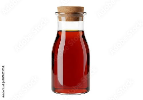 Small glass bottle filled with dark amber maple syrup and a cork stopper