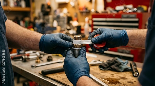 Professional mechanic hands in protective blue gloves working on vehicle part in auto repair workshop with mechanic automotive maintenance