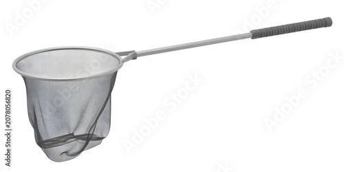 A long-handled fishing net with a fine mesh isolated on a white background for outdoor recreation and aquatic research.
