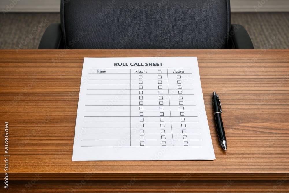 Obraz premium A simple roll call sheet placed on a wooden desk, suitable for office or school settings