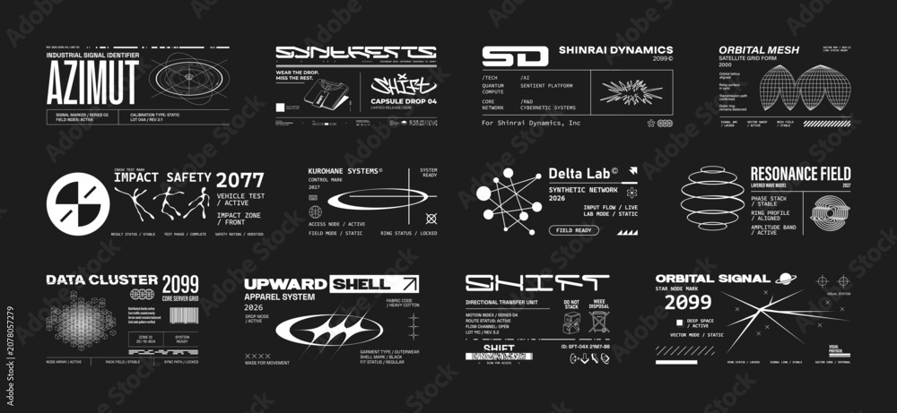 Fototapeta premium Futuristic industrial micrographics and cyberpunk technical labels. Futuristic stickers, fake logo, streetwear decal, industrial tags with lettering. Sci-fi labels in HUD, cyberpunk style. Vector set