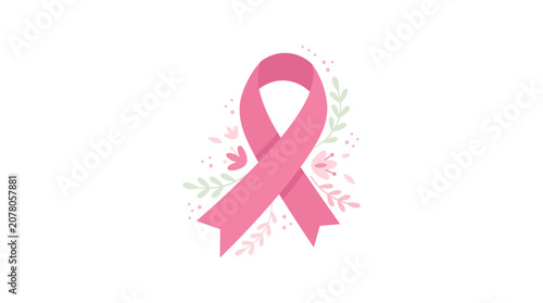Pink ribbon with flowers and leaves symbolizing breast cancer awareness and hope