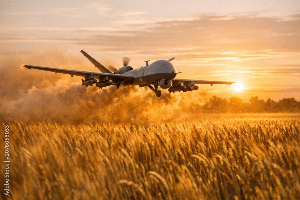 Fototapeta premium A military plane prepares for takeoff from a grassy field, ready for its mission