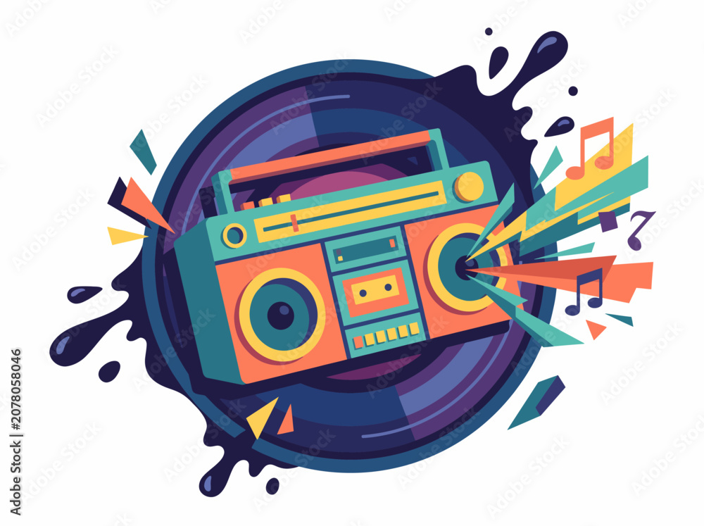 Obraz premium An illustrative boombox featuring vibrant colors and dynamic shapes, encapsulating a lively music culture, ready to evoke nostalgia and youthful energy.
