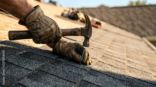 Roofer wearing work gloves uses a hammer to install asphalt shingles on a steep residential roof during construction or repair work