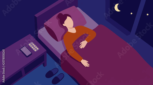 Fotografie Woman struggling with insomnia at night, with pills and phone on nightstand