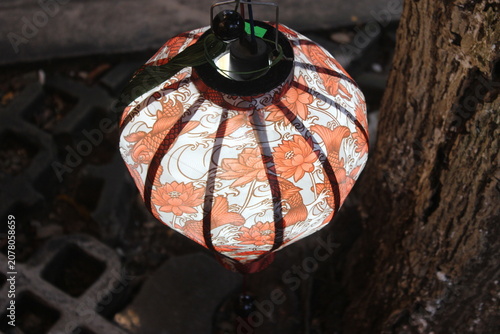 Colorful paper lantern with koi fish and lotus flowers hanging outdoors in park.