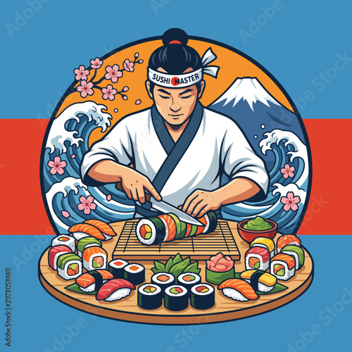 A skillful sushi chef expertly prepares an array of sushi, symbolizing traditional Japanese cuisine and craftsmanship along with the beauty of food presentation.