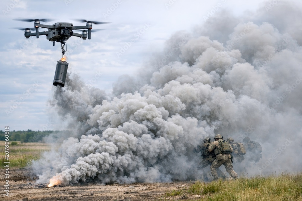 Fototapeta premium Group of soldiers surrounded by smoke, possibly in the aftermath of combat or training exercise