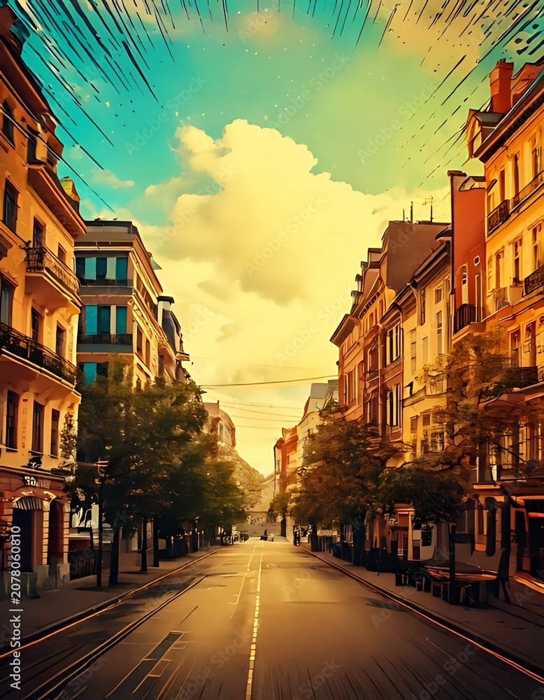Obraz premium Sunset over a peaceful city street with historic buildings.