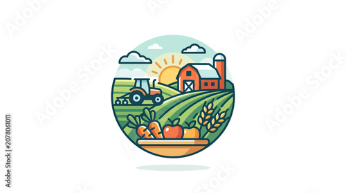Circular Farm Landscape Icon with Tractor and Fresh Produce