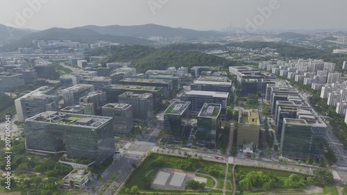Aerial Drone View of Pangyo Techno Valley IT Industrial Complex and Cityscape in Seongnam, South Korea