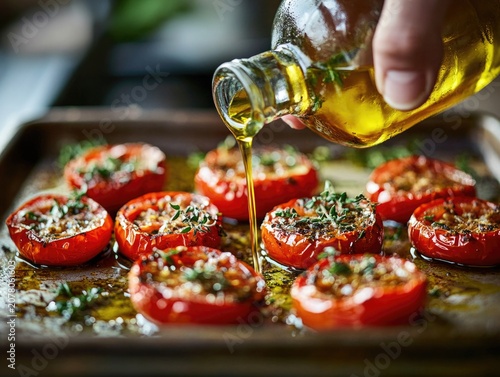 Roasted tomatoes drizzled with olive oil and herbs