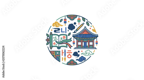 Tableau sur toile Korean Culture Symbols Circle Icon: Hangul, Hanok, Art Supplies, Nature