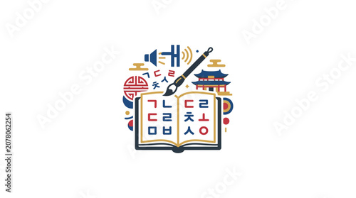 Fotografía Korean Language Learning: Hangul Alphabet, Brush, Book, and Cultural Symbols