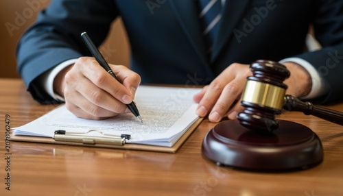 A lawyer signing important legal documents with a gavel placed on the table in a professional office environment