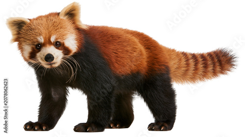 Fotografie Red panda with bushy striped tail standing on hind legs, isolated on transparent